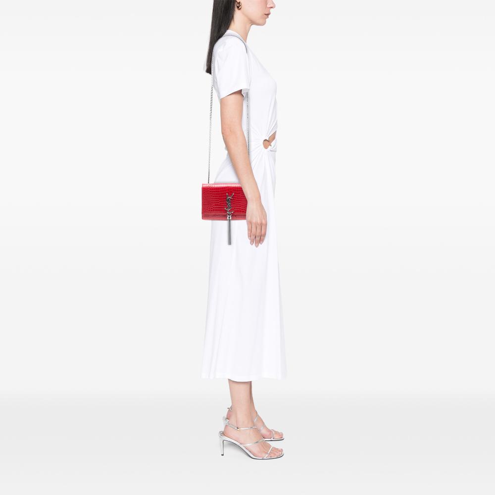 Saint Laurent AB Saint Laurent Red Calf Leather Small Embossed Kate Tassel Crossbody Italy
