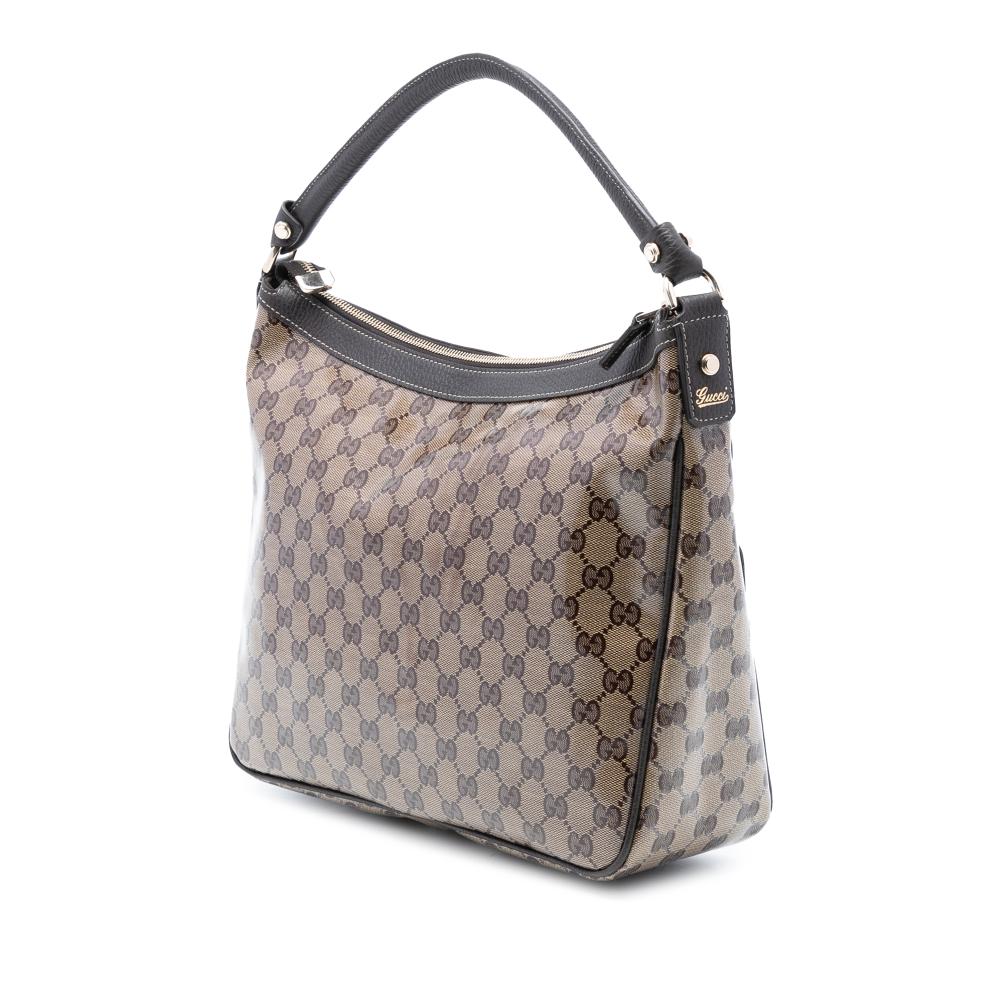 Gucci AB Gucci Brown Beige Coated Canvas Fabric GG Crystal Abbey D Ring Handbag Italy