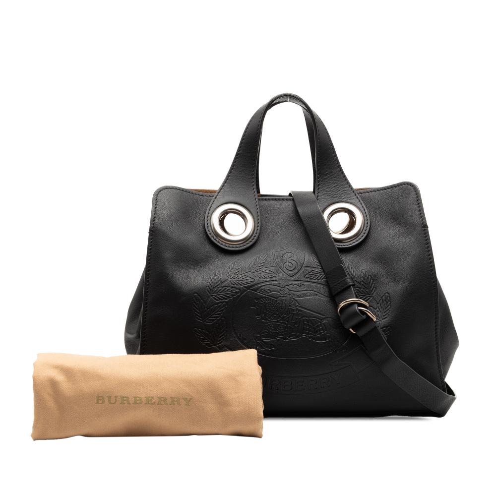 Burberry B Burberry Black Calf Leather Crest Embossed Smooth skin Grommet Satchel Italy