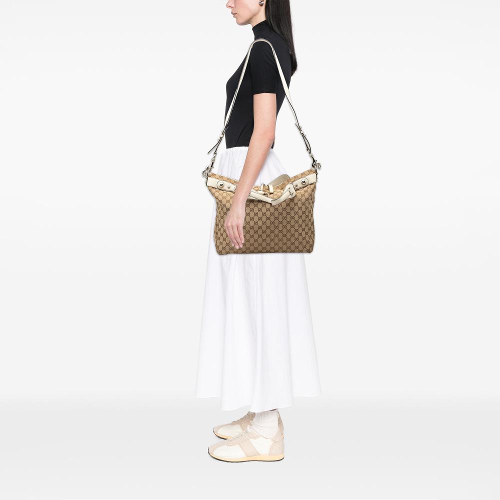 Gucci B Gucci Brown Beige with White Canvas Fabric Large GG Icon Bit Satchel Italy