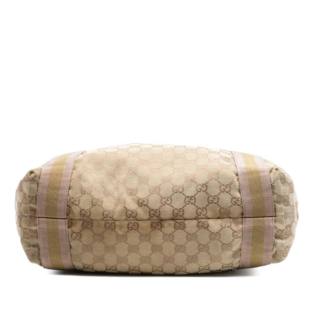 Gucci B Gucci Brown Beige Canvas Fabric GG Web Tote Italy