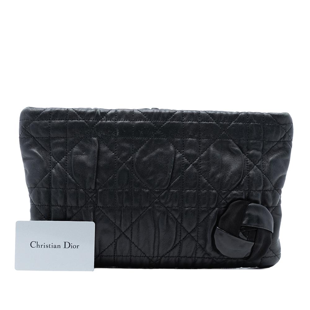 Christian Dior B Dior Black Calf Leather skin Cannage Rose Clutch Italy