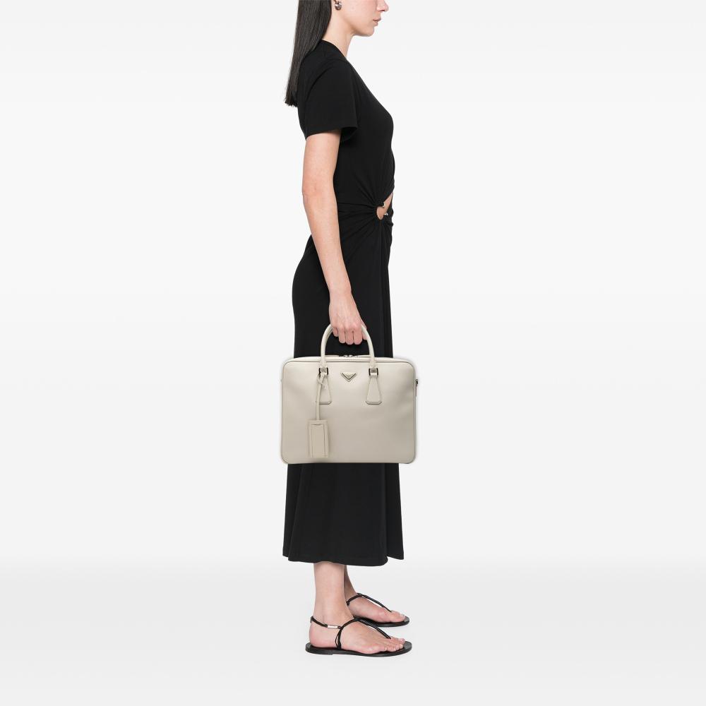 Prada AB Prada White Ivory Saffiano Leather Business Bag Italy