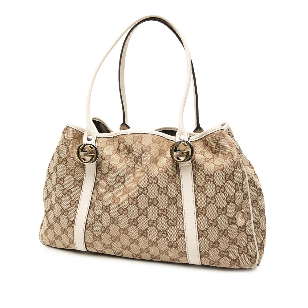 Gucci B Gucci Brown Beige with White Canvas Fabric GG Twins Tote Italy