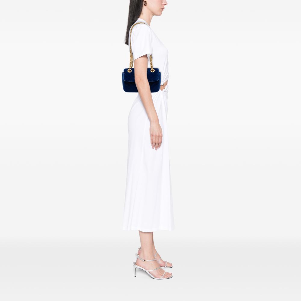 Gucci B Gucci Blue Velvet Fabric Small GG Marmont Matelasse Shoulder Bag Italy