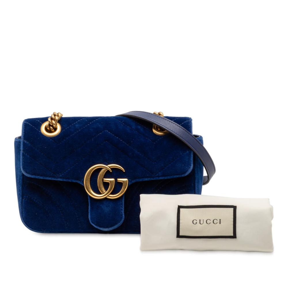 Gucci B Gucci Blue Velvet Fabric Small GG Marmont Matelasse Shoulder Bag Italy