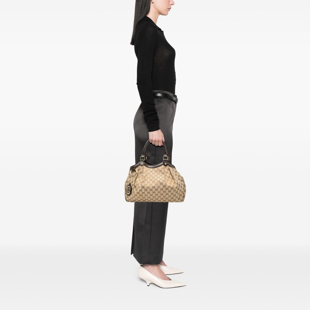 Gucci B Gucci Brown Beige Canvas Fabric Medium GG Sukey Tote Italy