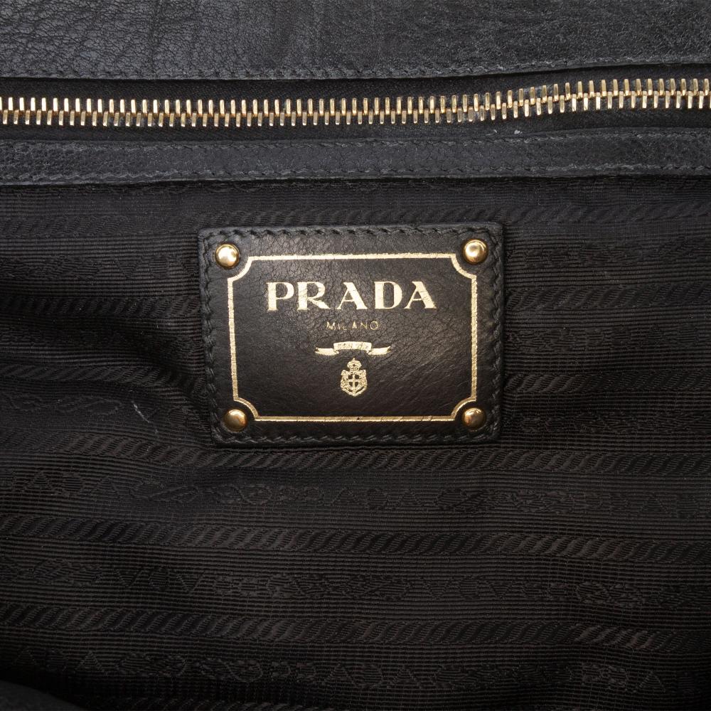 Prada B Prada Black Calf Leather Vitello Daino Frame Convertible Tote Italy