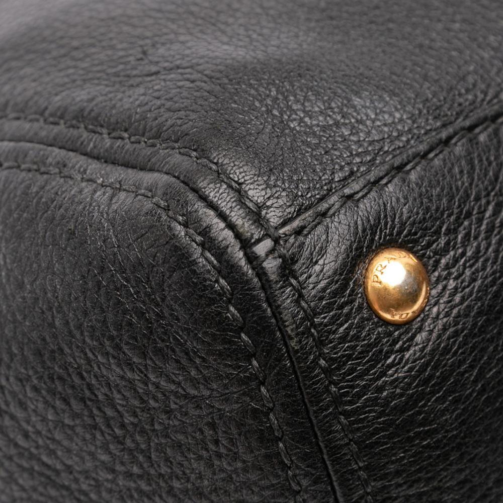 Prada B Prada Black Calf Leather Vitello Daino Frame Convertible Tote Italy