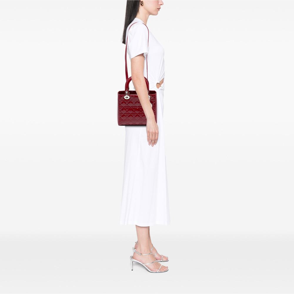 Christian Dior B Dior Red Dark Red Patent Leather Leather Medium Patent Cannage Lady Dior Italy