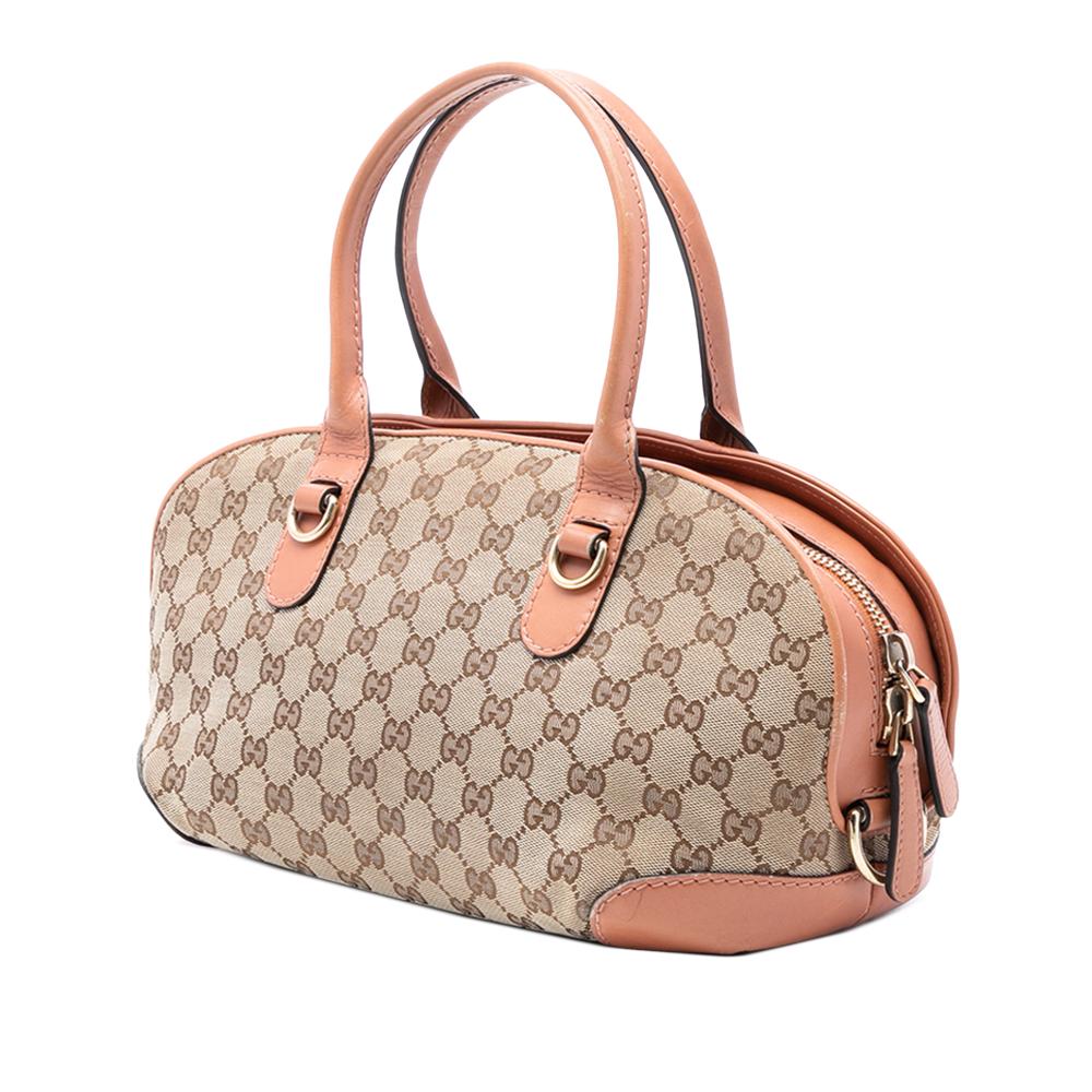 Gucci B Gucci Brown Beige Canvas Fabric GG Heart Bit Satchel Italy