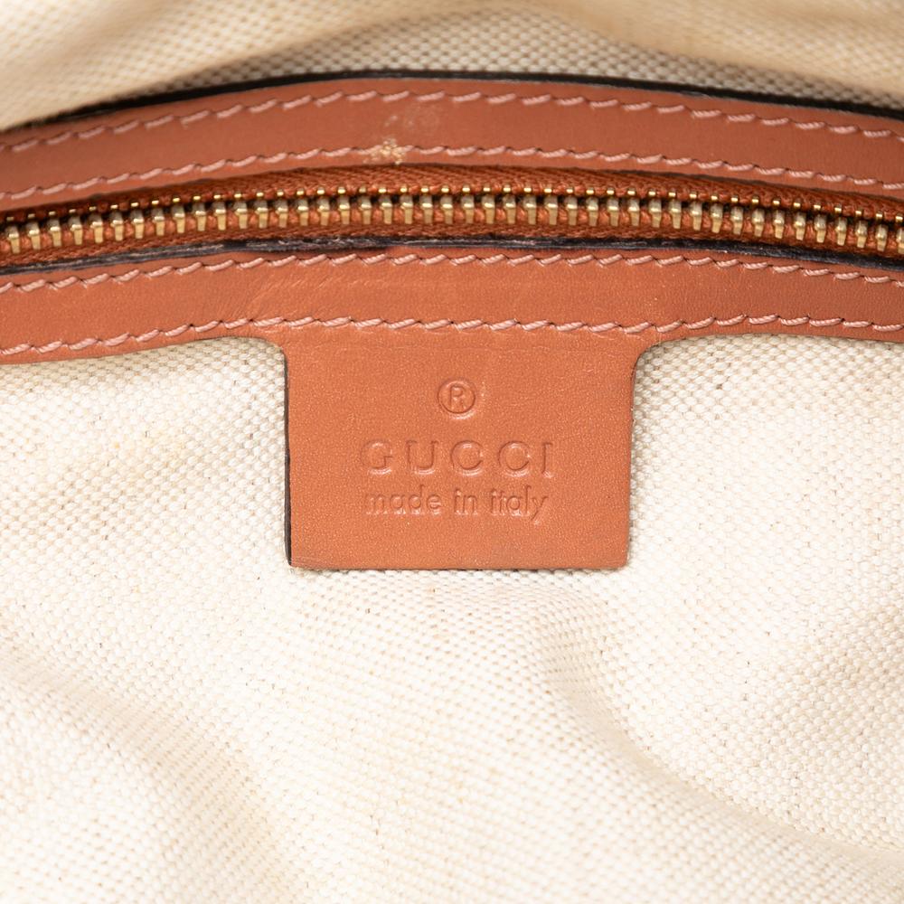 Gucci B Gucci Brown Beige Canvas Fabric GG Heart Bit Satchel Italy