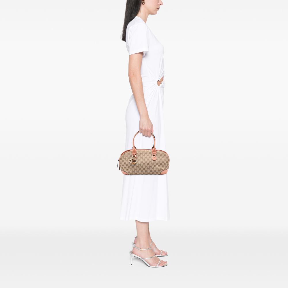 Gucci B Gucci Brown Beige Canvas Fabric GG Heart Bit Satchel Italy