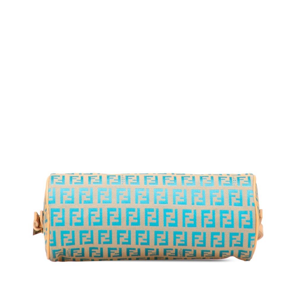 Fendi AB Fendi Brown Beige with Blue Turquoise Canvas Fabric Zucchino Barrel Pochette Italy