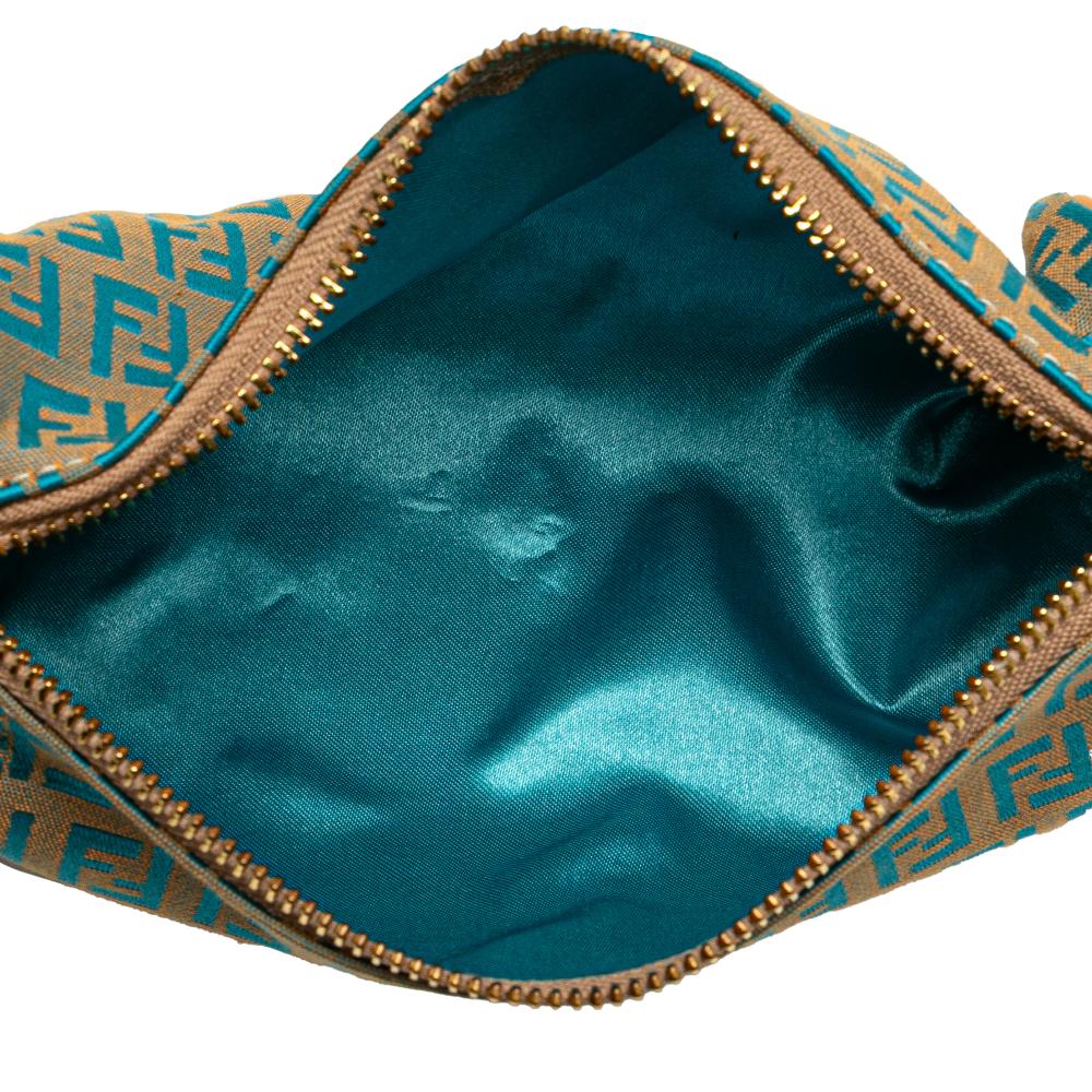 Fendi AB Fendi Brown Beige with Blue Turquoise Canvas Fabric Zucchino Barrel Pochette Italy