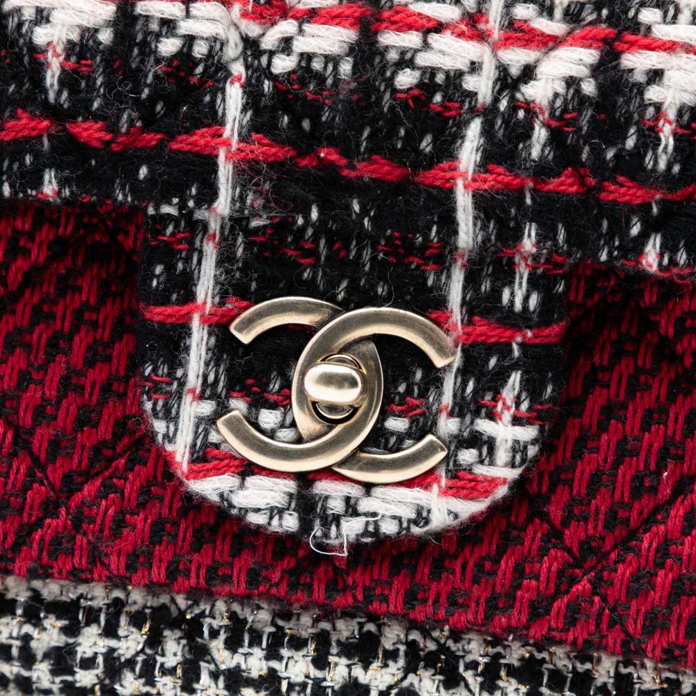 Chanel AB Chanel Red with Black Tweed Fabric Medium CC Multi Print Double Flap France