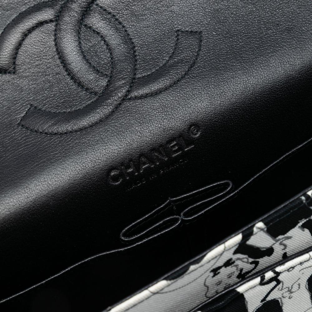 Chanel B Chanel White with Black Canvas Fabric Medium Classic Coco Mademoiselle Double Flap France