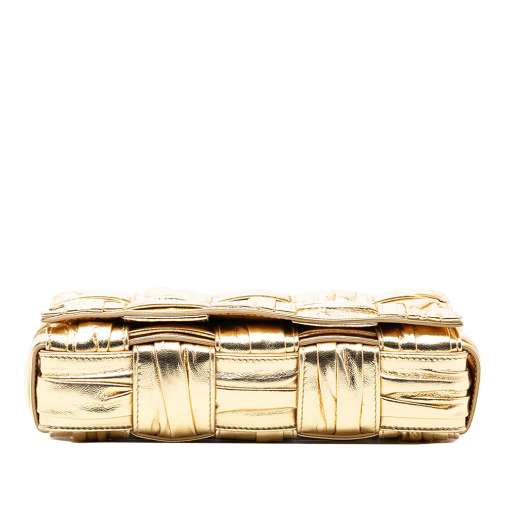 Bottega Veneta B Bottega Veneta Gold Calf Leather Metallic skin Intreccio Plisse Cassette Crossbody Italy