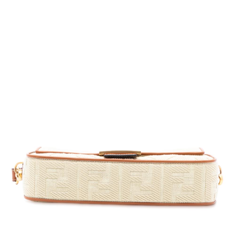 Fendi AB Fendi Brown Beige Raffia Natural Material Zucca Embroidered Baguette Satchel Italy