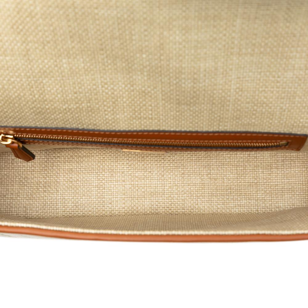 Fendi AB Fendi Brown Beige Raffia Natural Material Zucca Embroidered Baguette Satchel Italy