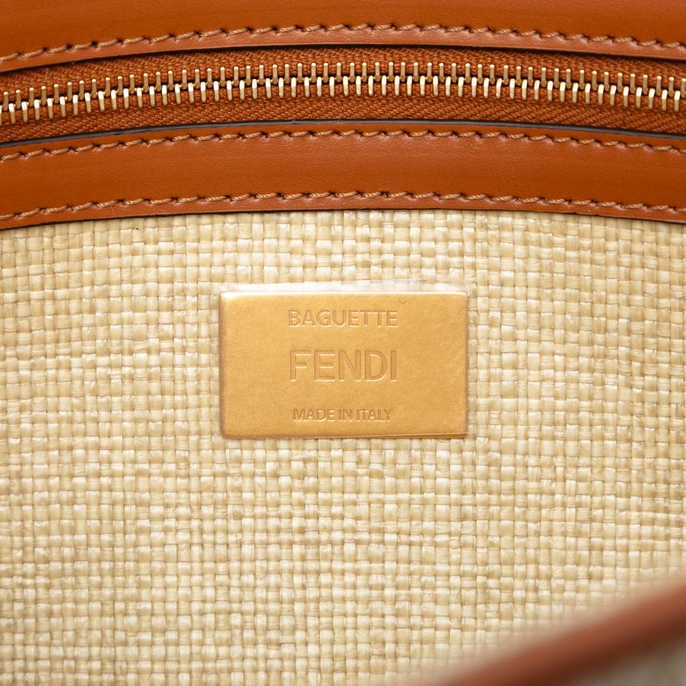 Fendi AB Fendi Brown Beige Raffia Natural Material Zucca Embroidered Baguette Satchel Italy