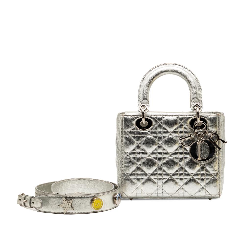 Christian Dior B Dior Silver Calf Leather Small Metallic Grained skin Cannage My ABCDior Lady Dior Italy