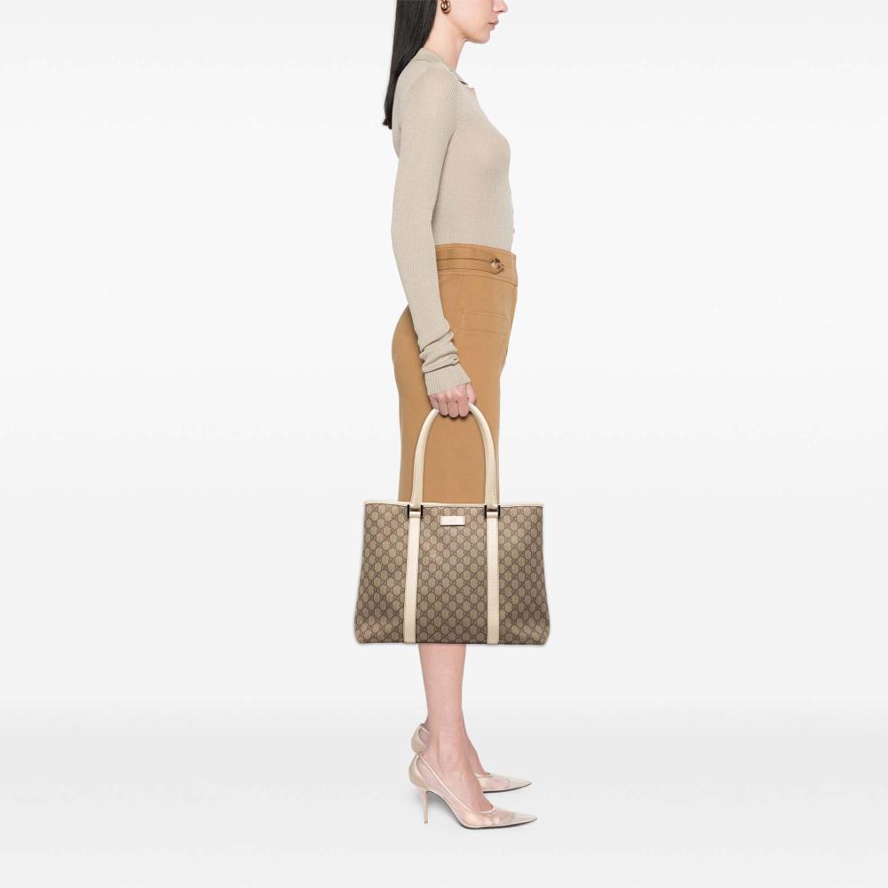 Gucci AB Gucci Brown Beige with White Coated Canvas Fabric GG Supreme Tote Italy