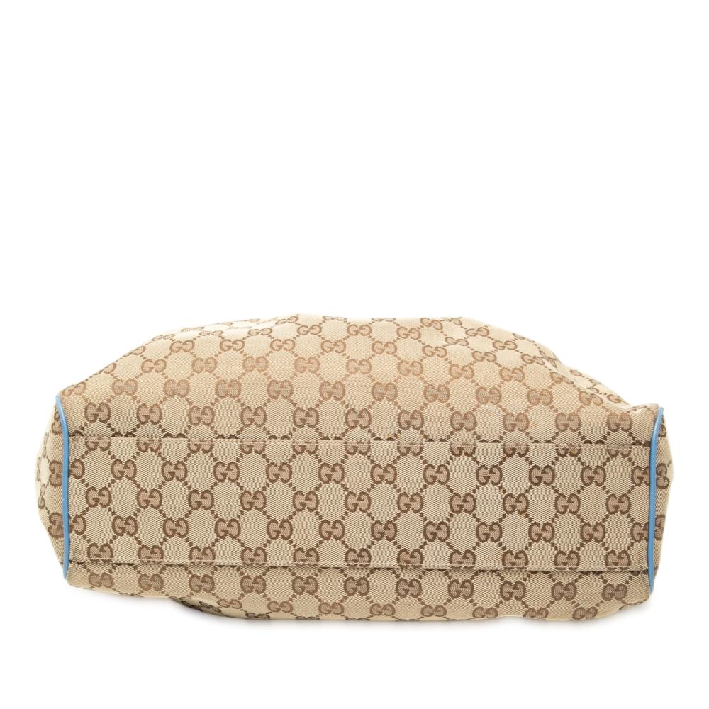 Gucci B Gucci Brown Beige with Blue Light Blue Canvas Fabric Medium GG Sukey Tote Italy