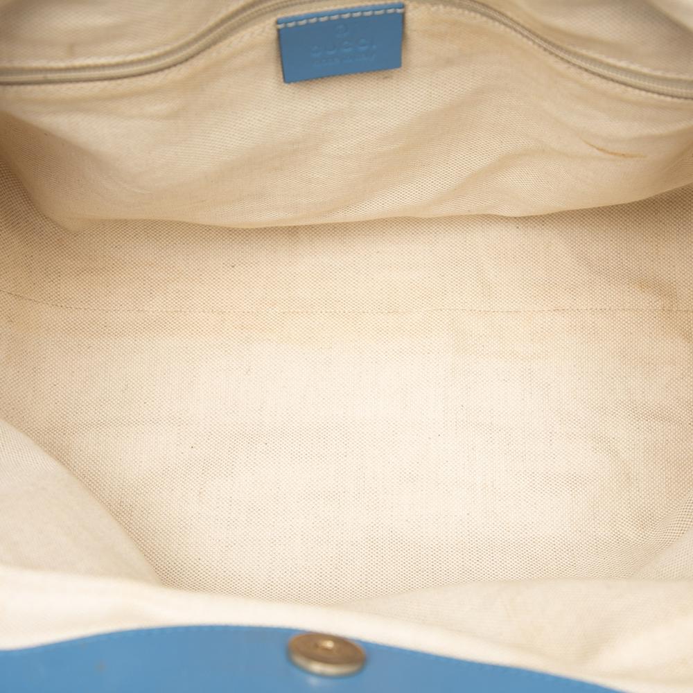 Gucci B Gucci Brown Beige with Blue Light Blue Canvas Fabric Medium GG Sukey Tote Italy