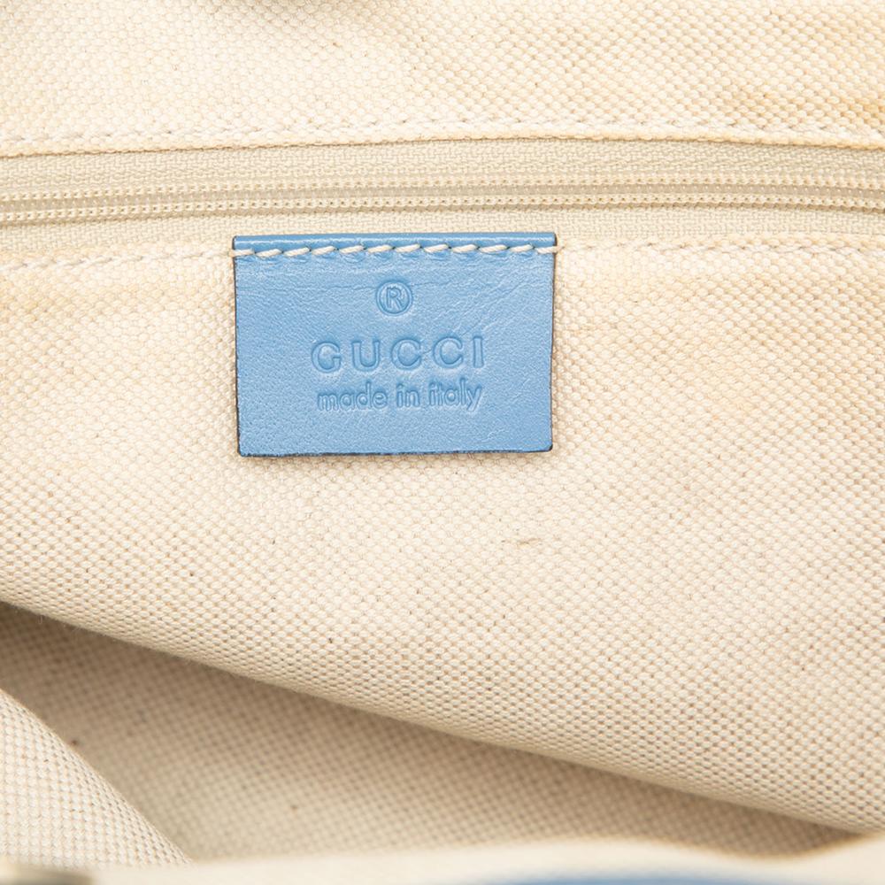 Gucci B Gucci Brown Beige with Blue Light Blue Canvas Fabric Medium GG Sukey Tote Italy