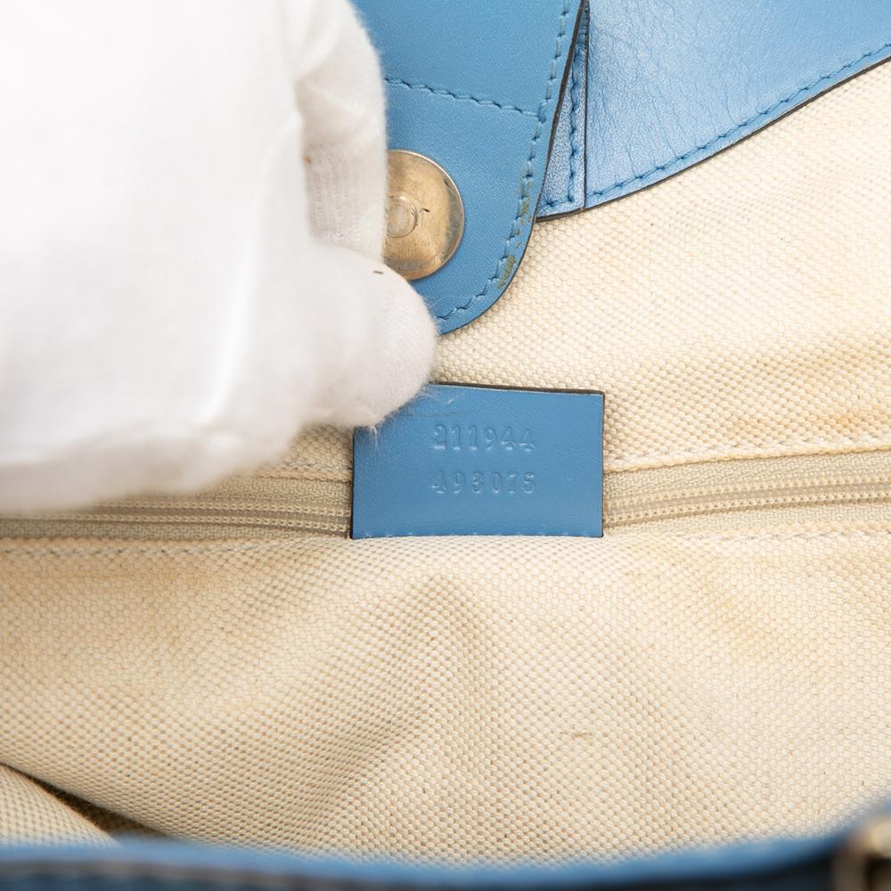 Gucci B Gucci Brown Beige with Blue Light Blue Canvas Fabric Medium GG Sukey Tote Italy