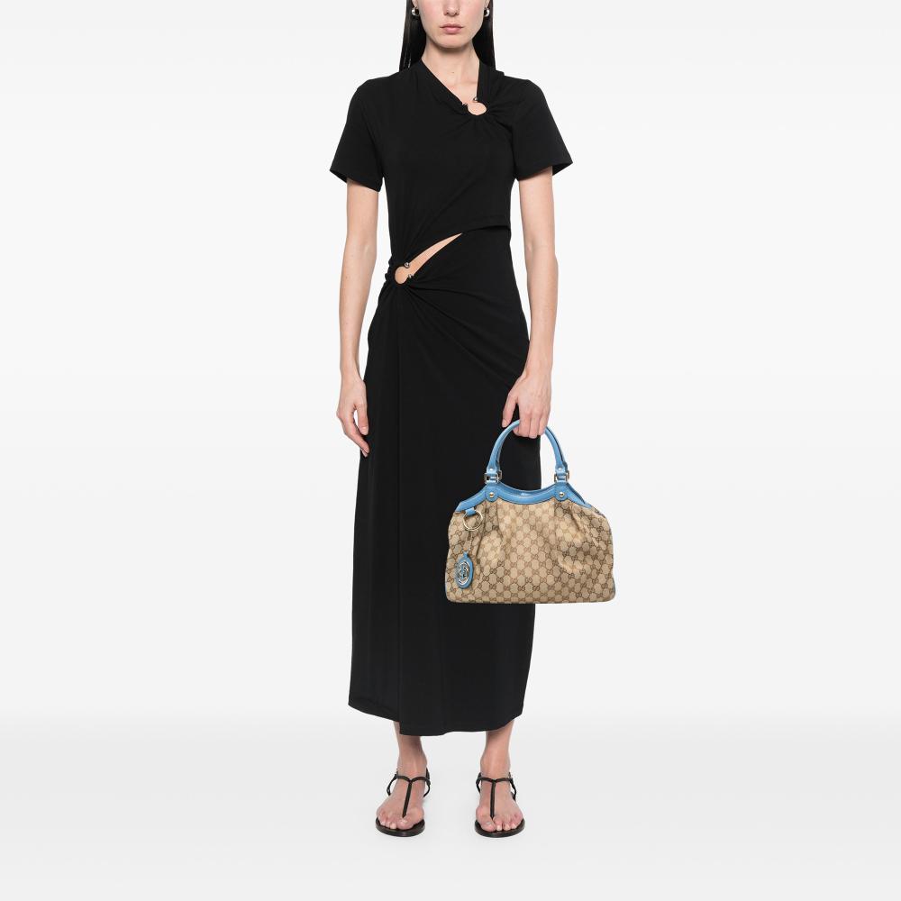 Gucci B Gucci Brown Beige with Blue Light Blue Canvas Fabric Medium GG Sukey Tote Italy