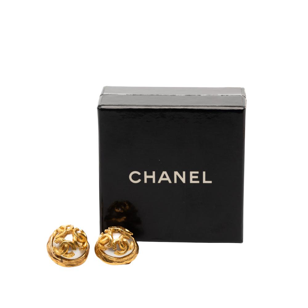 Chanel B Chanel Gold with White Pearl Gold Plated Metal Triple CC Faux Pearl Clip on Earrings France