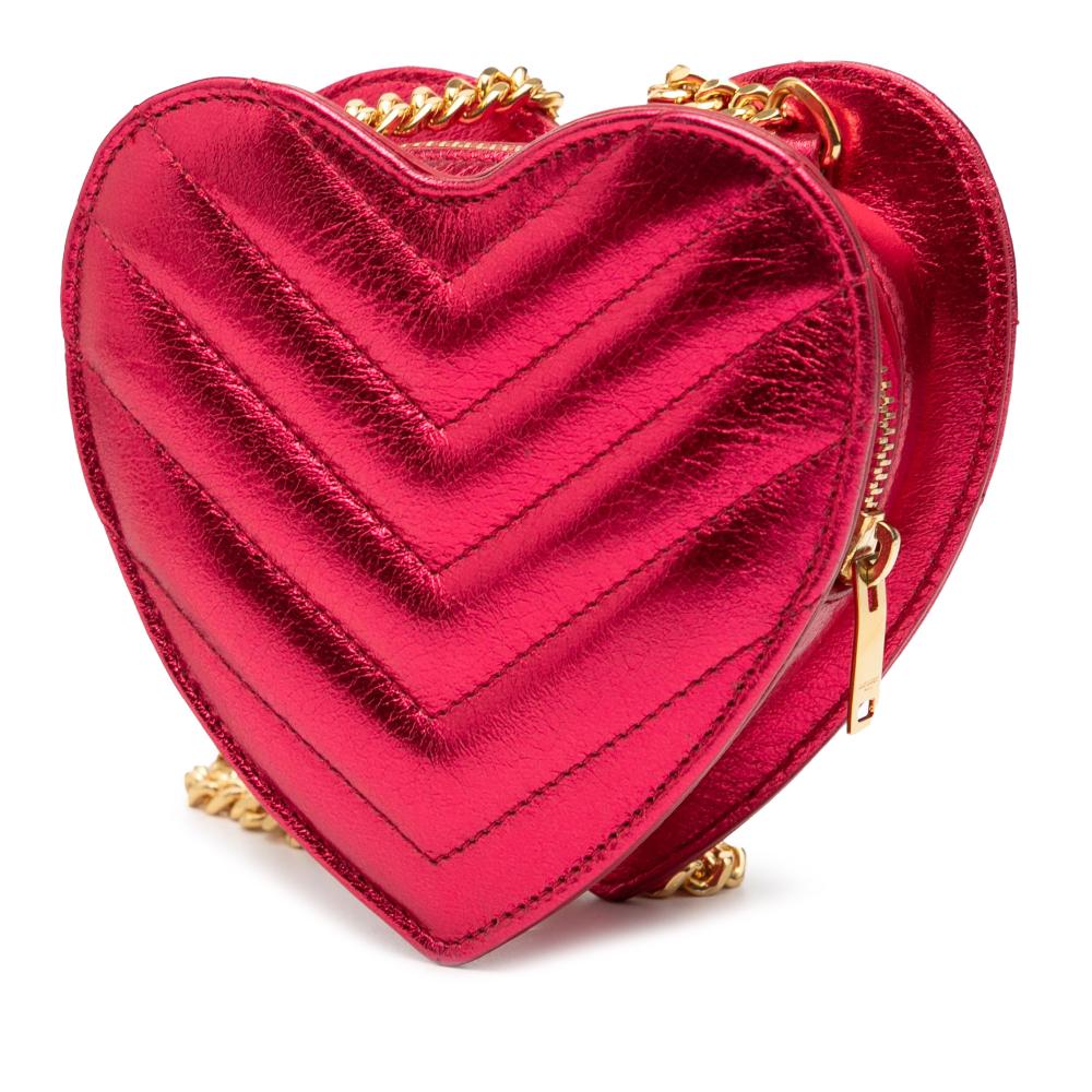 Saint Laurent Pink Hot Pink Calf Leather Mini Metallic Chevron Monogram Love Heart Chain Bag Italy