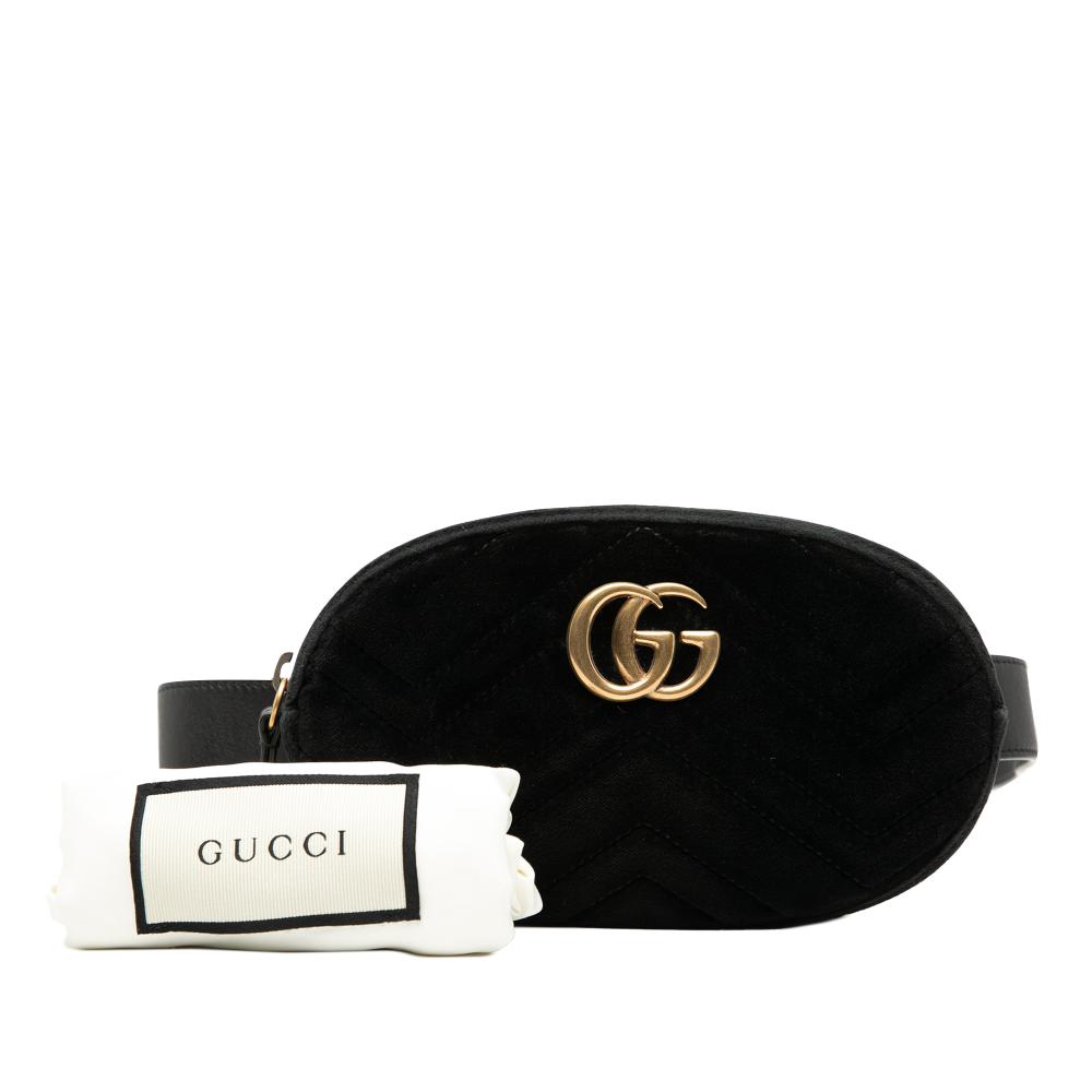Gucci AB Gucci Black Velvet Fabric GG Marmont Matelasse Belt Bag Italy