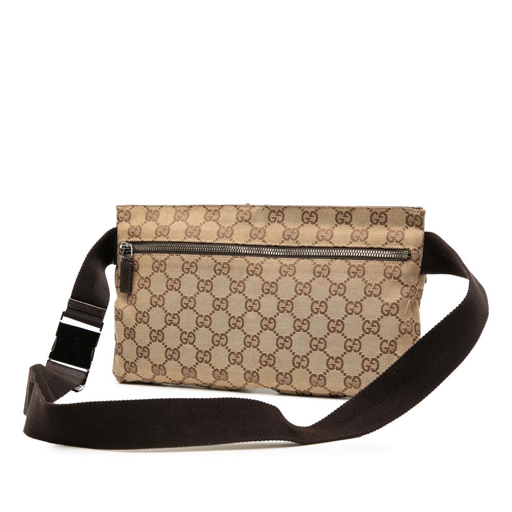 Gucci B Gucci Brown Beige Canvas Fabric GG Double Pocket Belt Bag Italy
