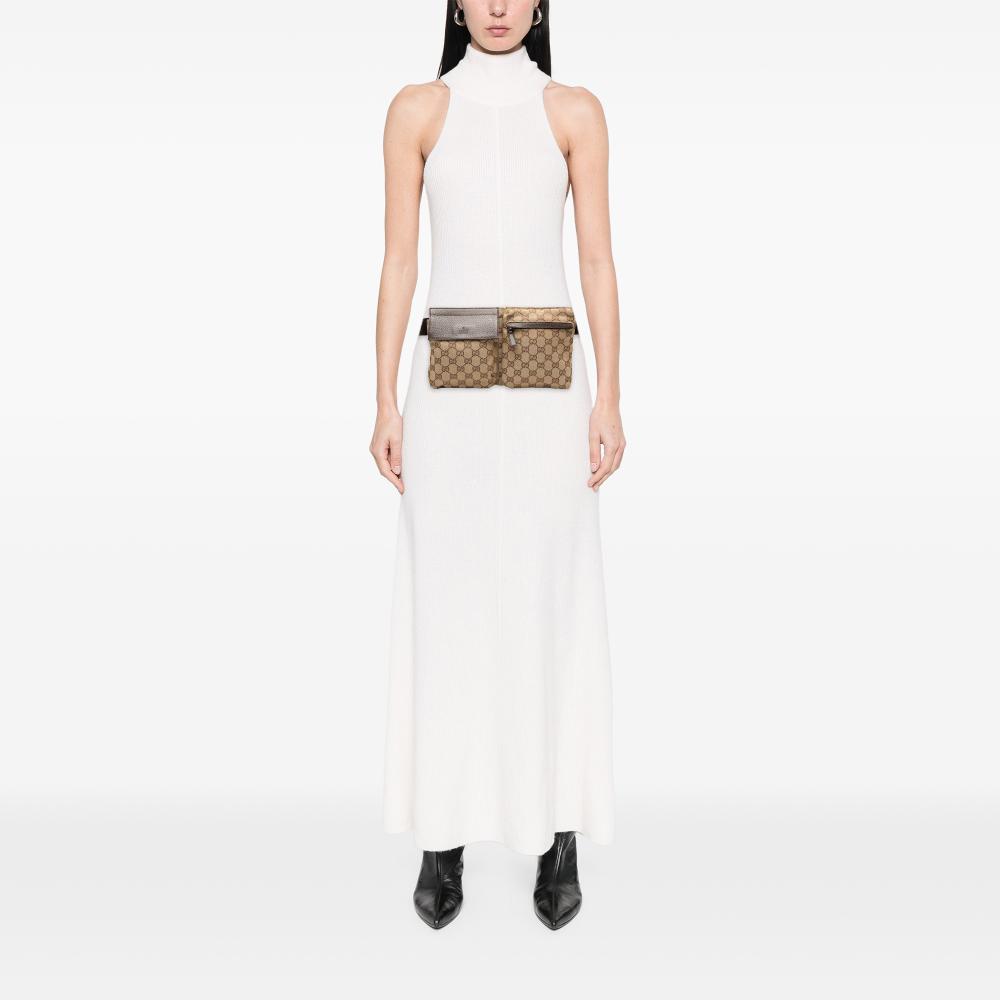 Gucci B Gucci Brown Beige Canvas Fabric GG Double Pocket Belt Bag Italy