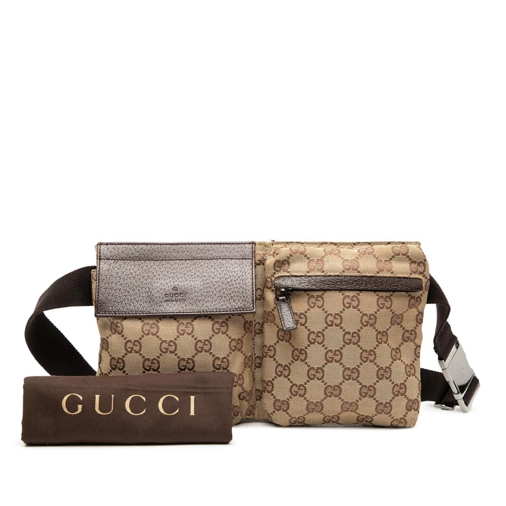Gucci B Gucci Brown Beige Canvas Fabric GG Double Pocket Belt Bag Italy