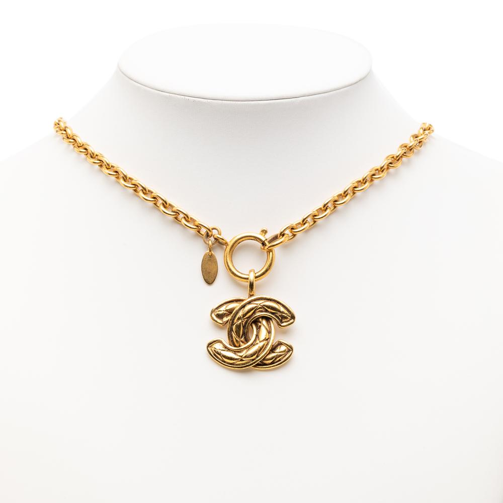 Chanel B Chanel Gold Gold Plated Metal Quilted CC Pendant Necklace France