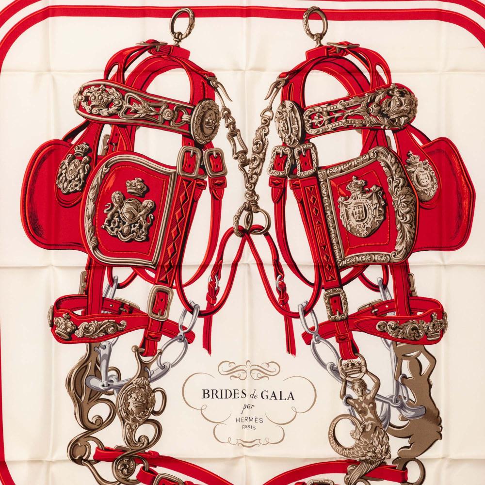 Hermès B Hermès White Ivory with Red Silk Fabric Brides de Gala Scarf France