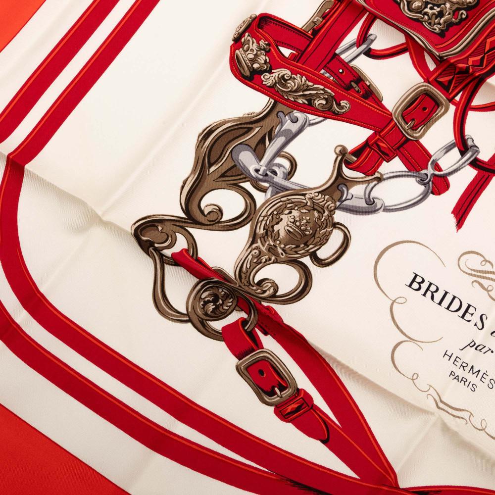 Hermès B Hermès White Ivory with Red Silk Fabric Brides de Gala Scarf France