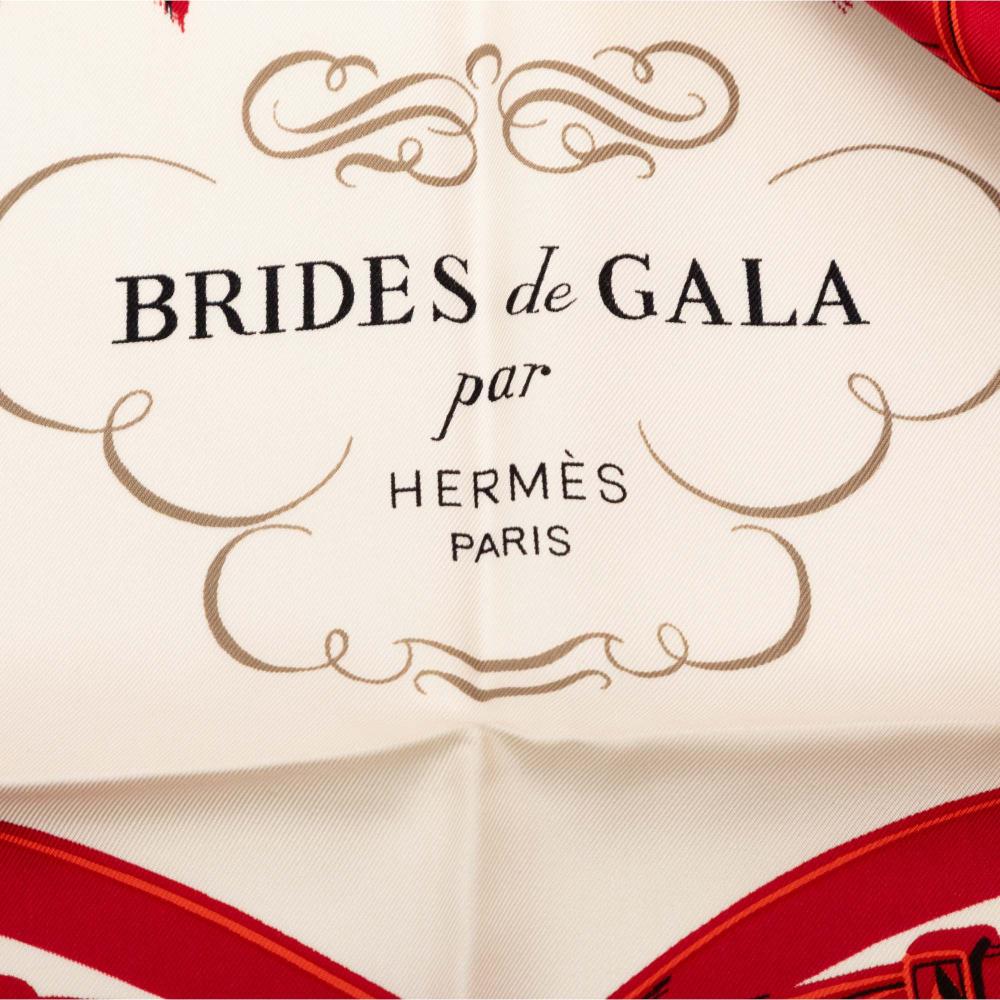 Hermès B Hermès White Ivory with Red Silk Fabric Brides de Gala Scarf France