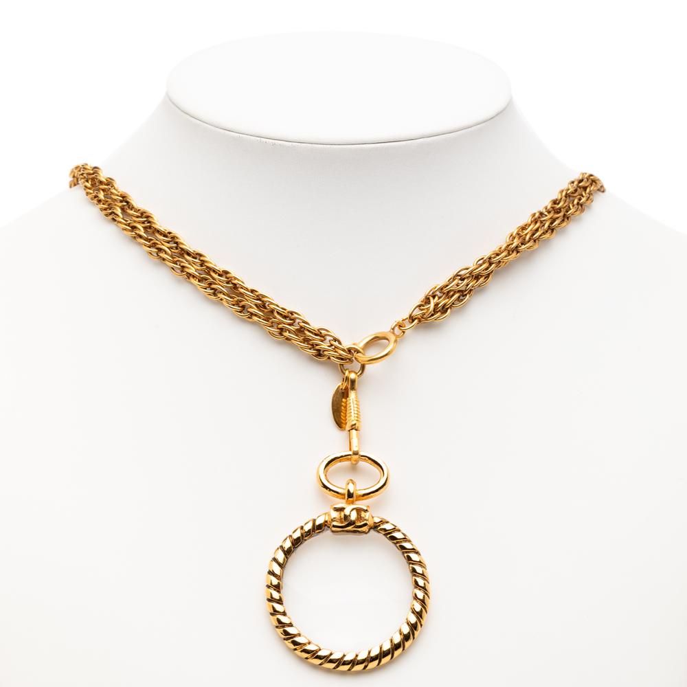 Chanel B Chanel Gold Gold Plated Metal Double Chain Loupe Magnifying Glass Pendant Necklace France