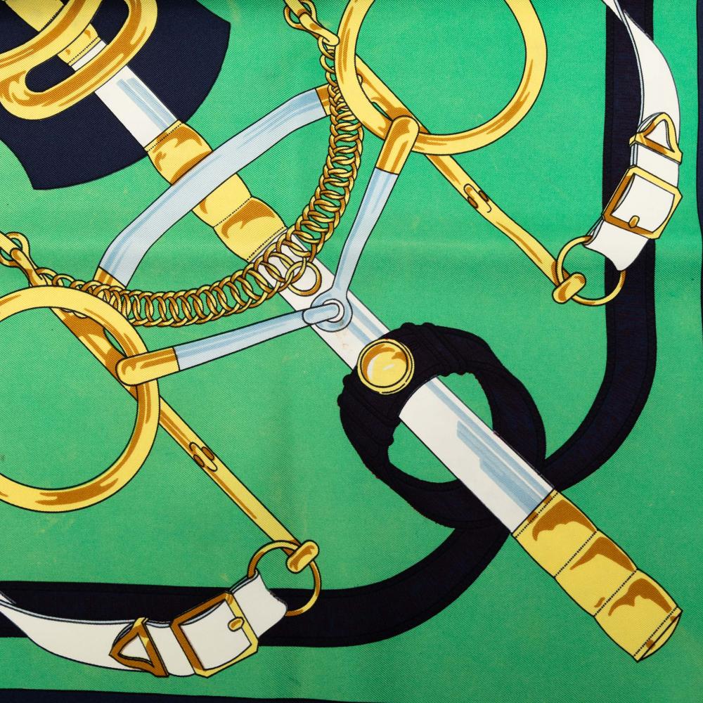 Hermès AB Hermès Green with Blue Navy Silk Fabric Eperon D Or Scarf 90 France