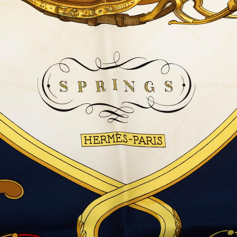 Hermès B Hermès Blue Navy with White Ivory Silk Fabric Springs Scarf 90 France
