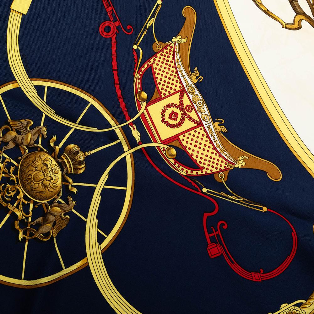 Hermès B Hermès Blue Navy with White Ivory Silk Fabric Springs Scarf 90 France