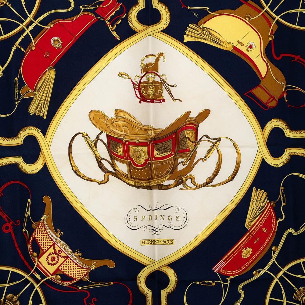 Hermès B Hermès Blue Navy with White Ivory Silk Fabric Springs Scarf 90 France