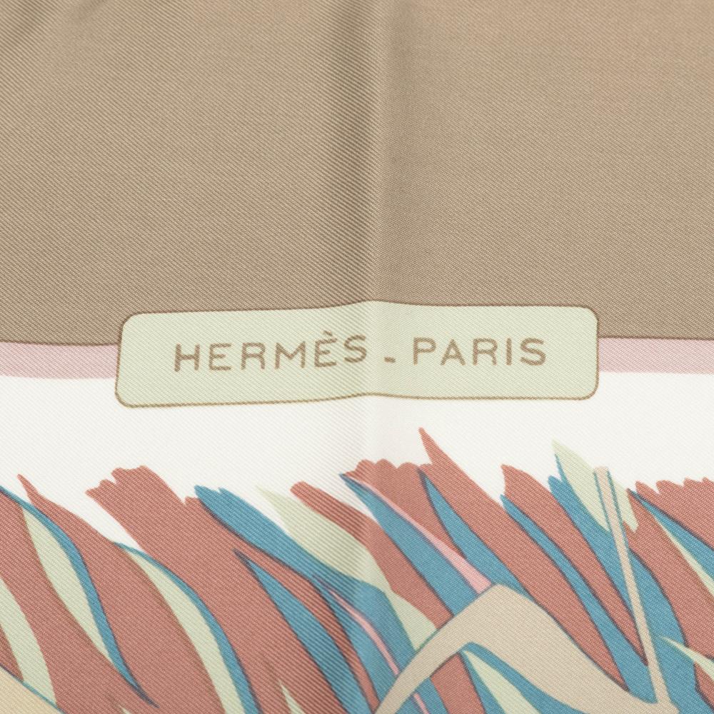 Hermès AB Hermès Pink Salmon with Brown Light Brown Silk Fabric Cols Verts Scarf France