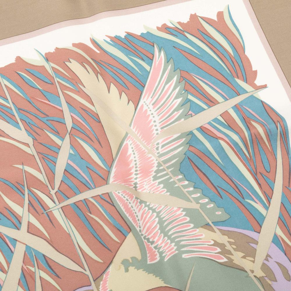 Hermès AB Hermès Pink Salmon with Brown Light Brown Silk Fabric Cols Verts Scarf France