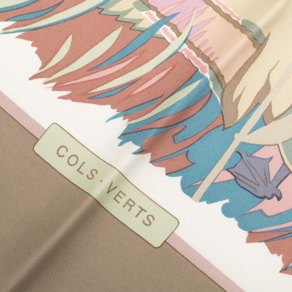 Hermès AB Hermès Pink Salmon with Brown Light Brown Silk Fabric Cols Verts Scarf France